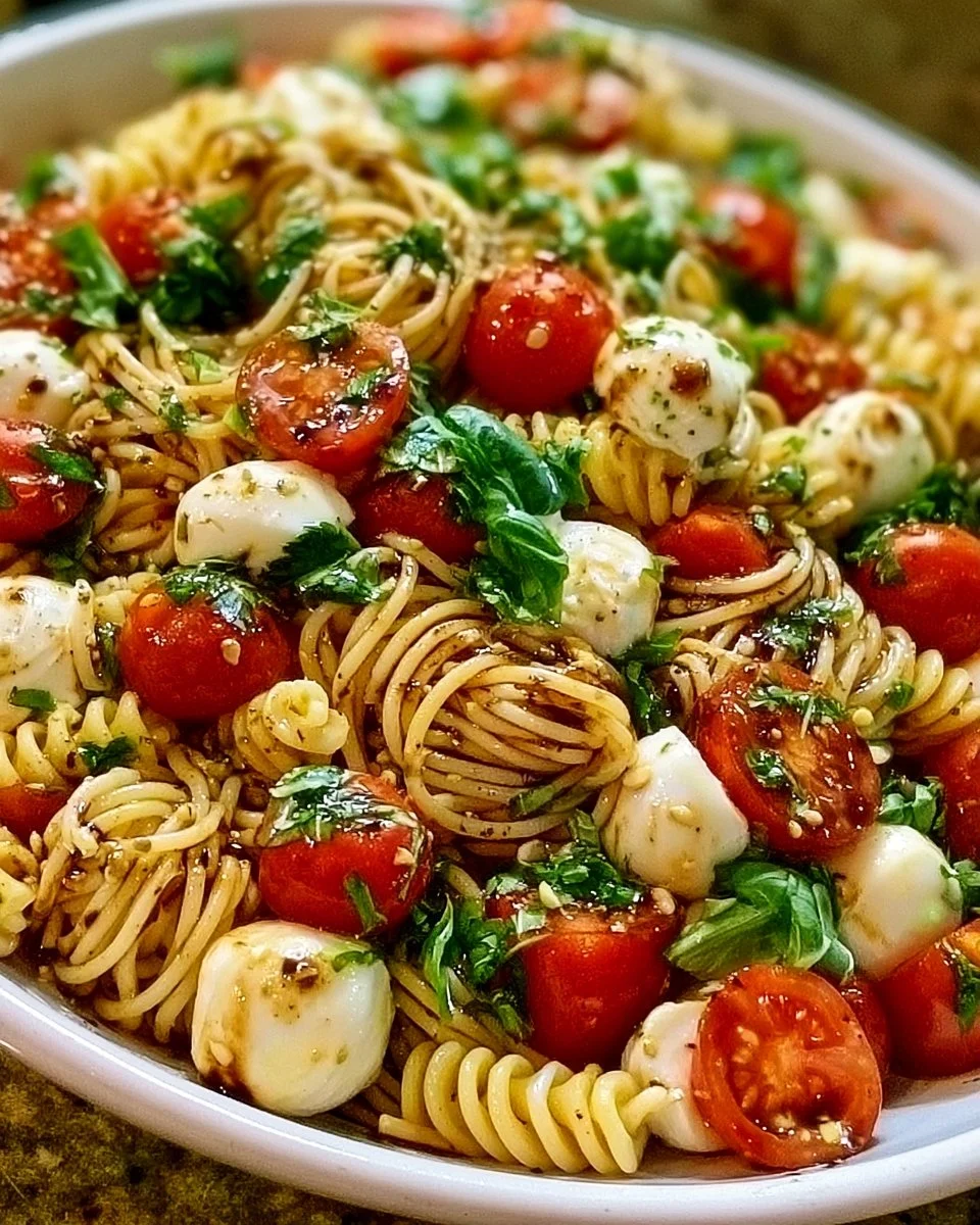 Proteinreicher Caprese-Nudelsalat mit Tomaten, Mozzarella und frischem Basilikum