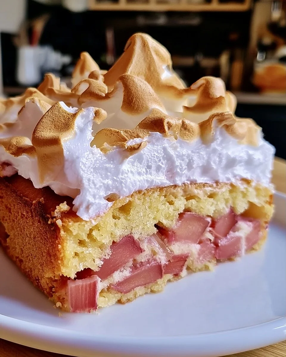 Rhabarberkuchen mit luftiger Baiserhaube auf einem Tisch serviert.