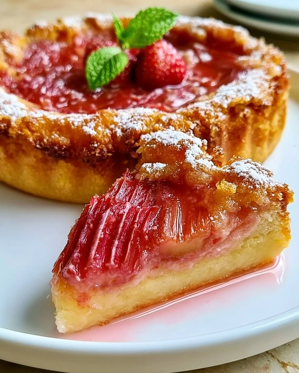 Saftiger Rhabarberpuddingkuchen mit frischem Rhabarber und cremigem Pudding