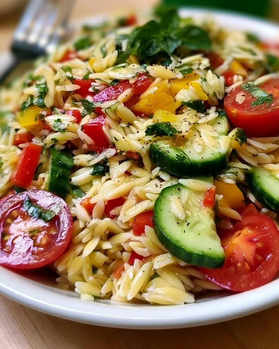 Schneller mediterraner Orzo-Pasta-Salat mit frischem Gemüse und Kräutern