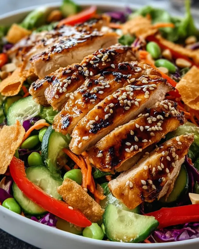 Schüssel mit frisch zubereitetem Sesam-Hähnchensalat mit Gemüse