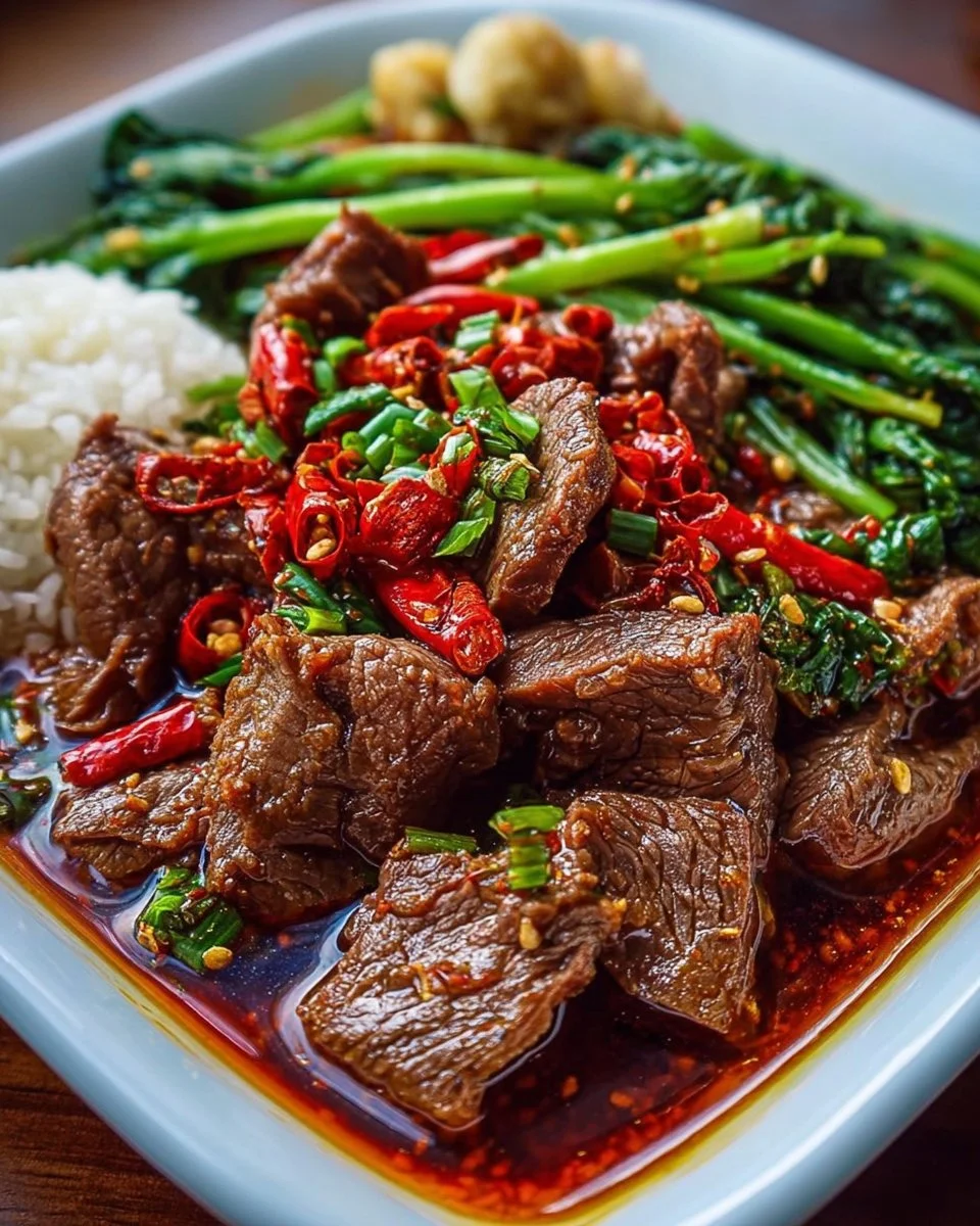 Schüssel mit Sichuan gekochtem Rindfleisch, serviert mit frischen Kräutern und Gewürzen.