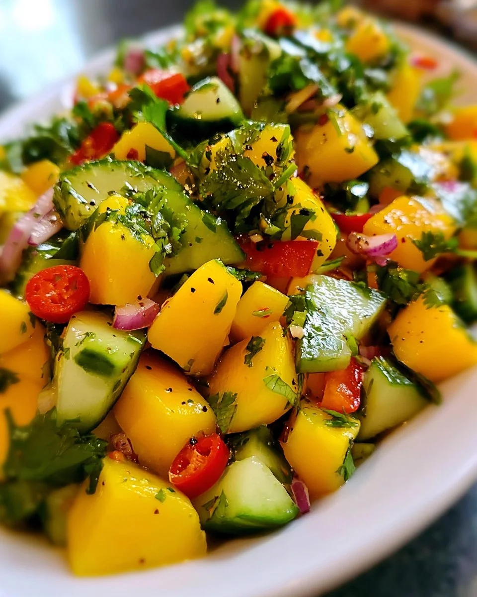 Thailändischer Mango-Gurken-Salat mit frischen Zutaten und buntem Gemüse