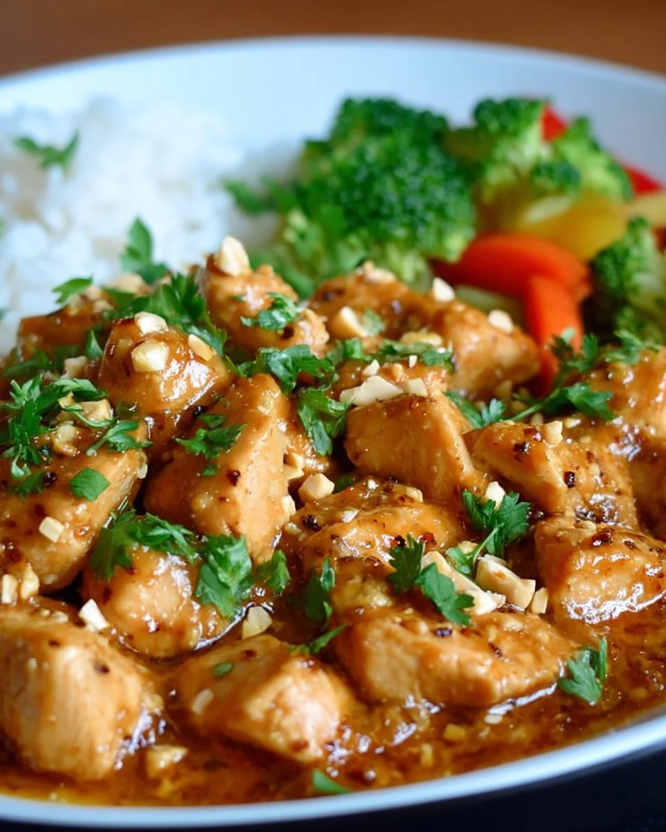 Thailändisches Erdnuss-Hähnchen mit Erdnusssauce und frischem Gemüse