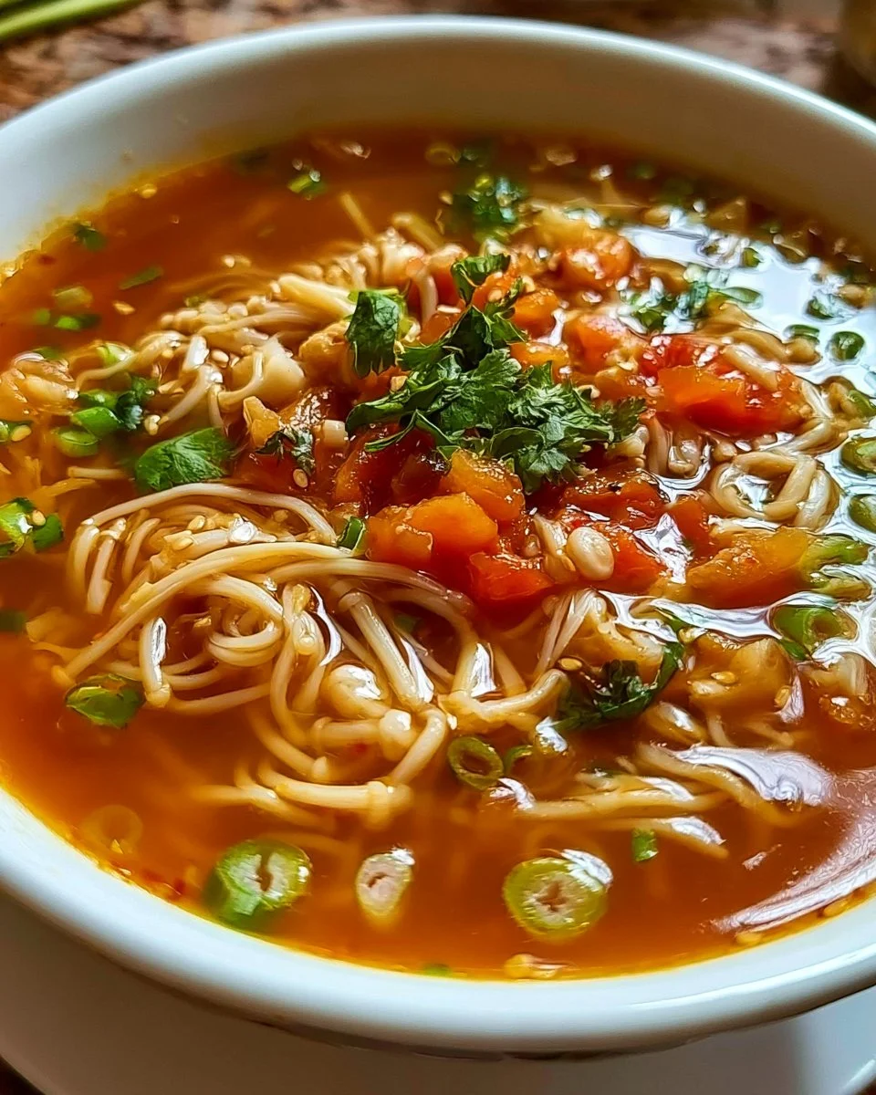 Tomaten-Enoki-Pilz-Suppe in einer Schüssel, serviert mit frischen Kräutern.