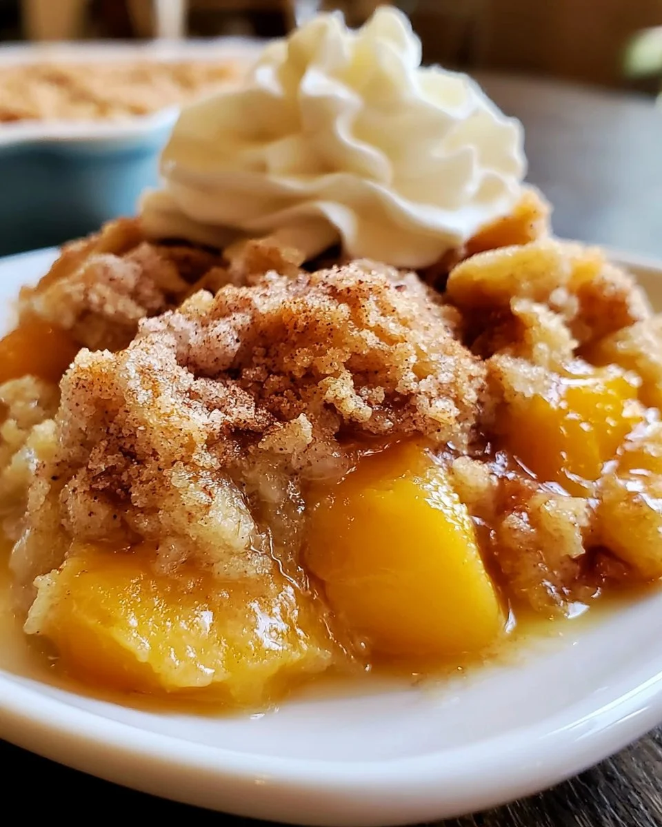 Saftiger Pfirsich-Cobbler-Dump-Kuchen mit frischen Pfirsichen und goldbraunem Teig