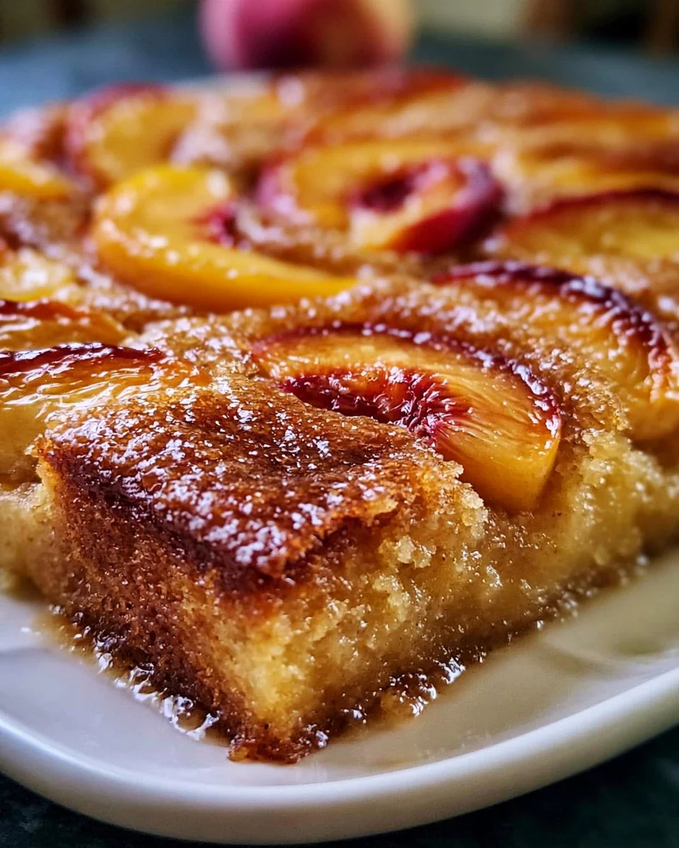 Brauner Zucker Pfirsich Kuchen mit frischen Pfirsichen und karamellisierter Oberfläche