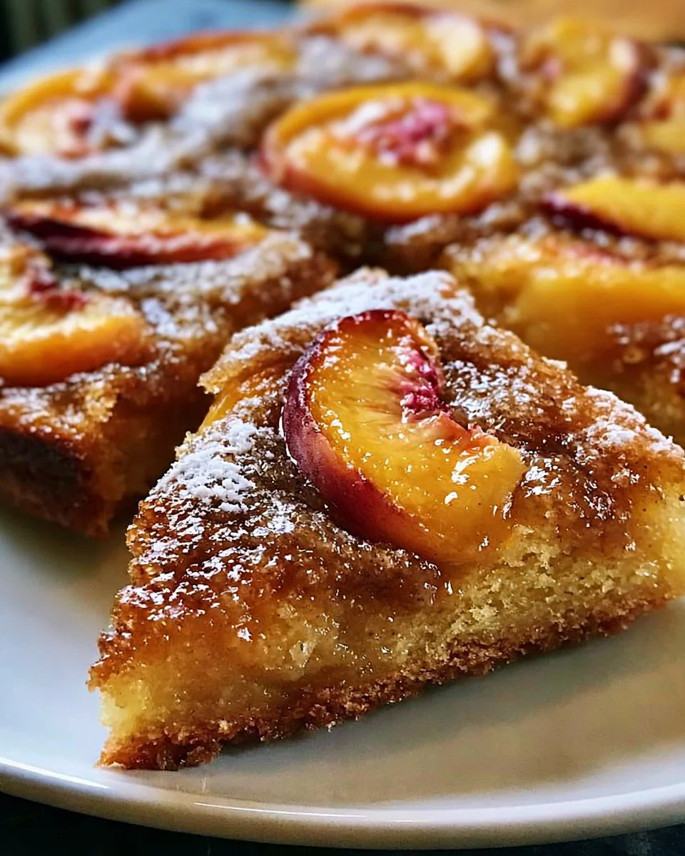 Brauner-Zucker-Pfirsich-Kuchen mit frischen Pfirsichen und karamellisiertem braunen Zucker