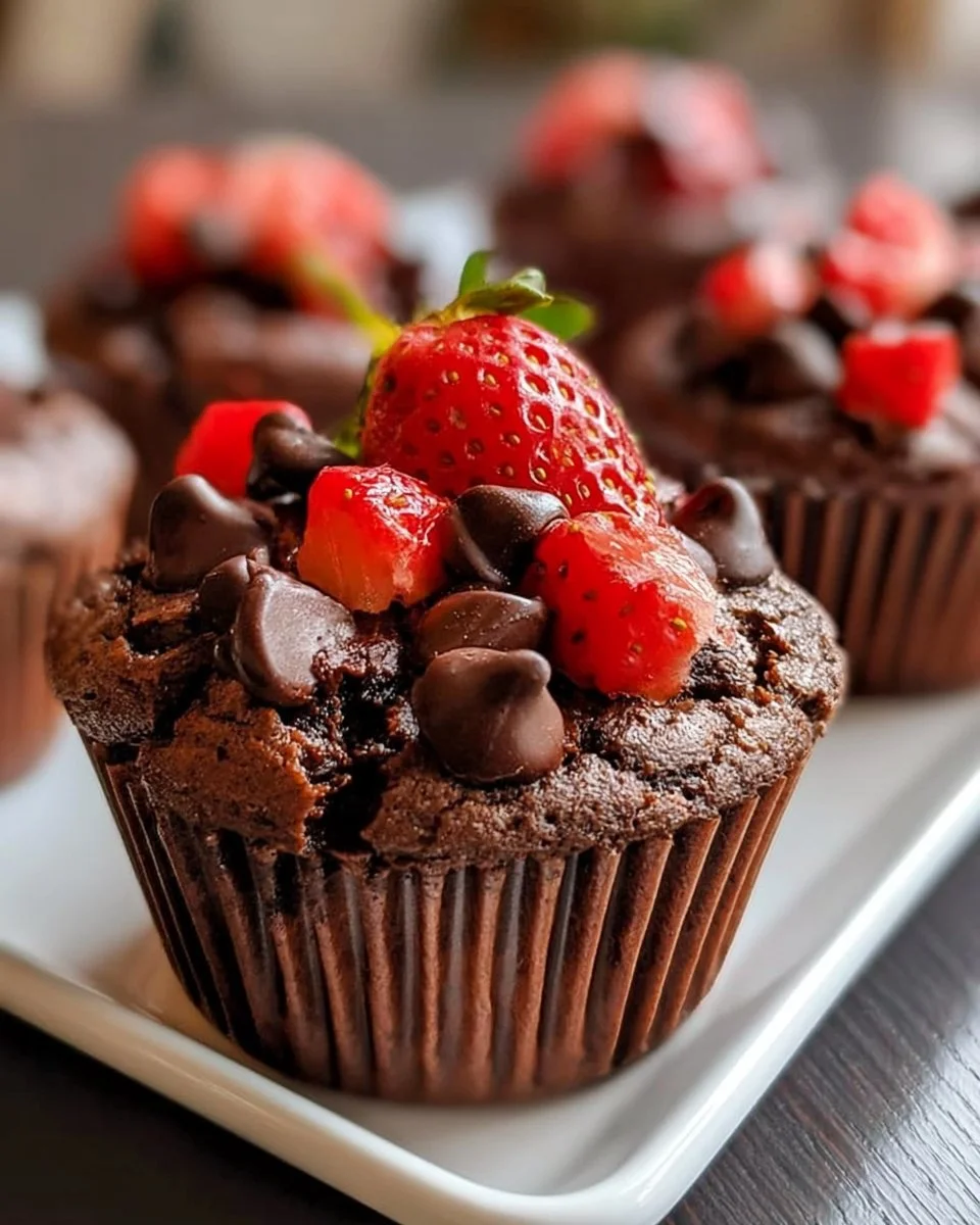 Doppelte Schokoladen-Erdbeer-Muffins mit frischen Erdbeeren