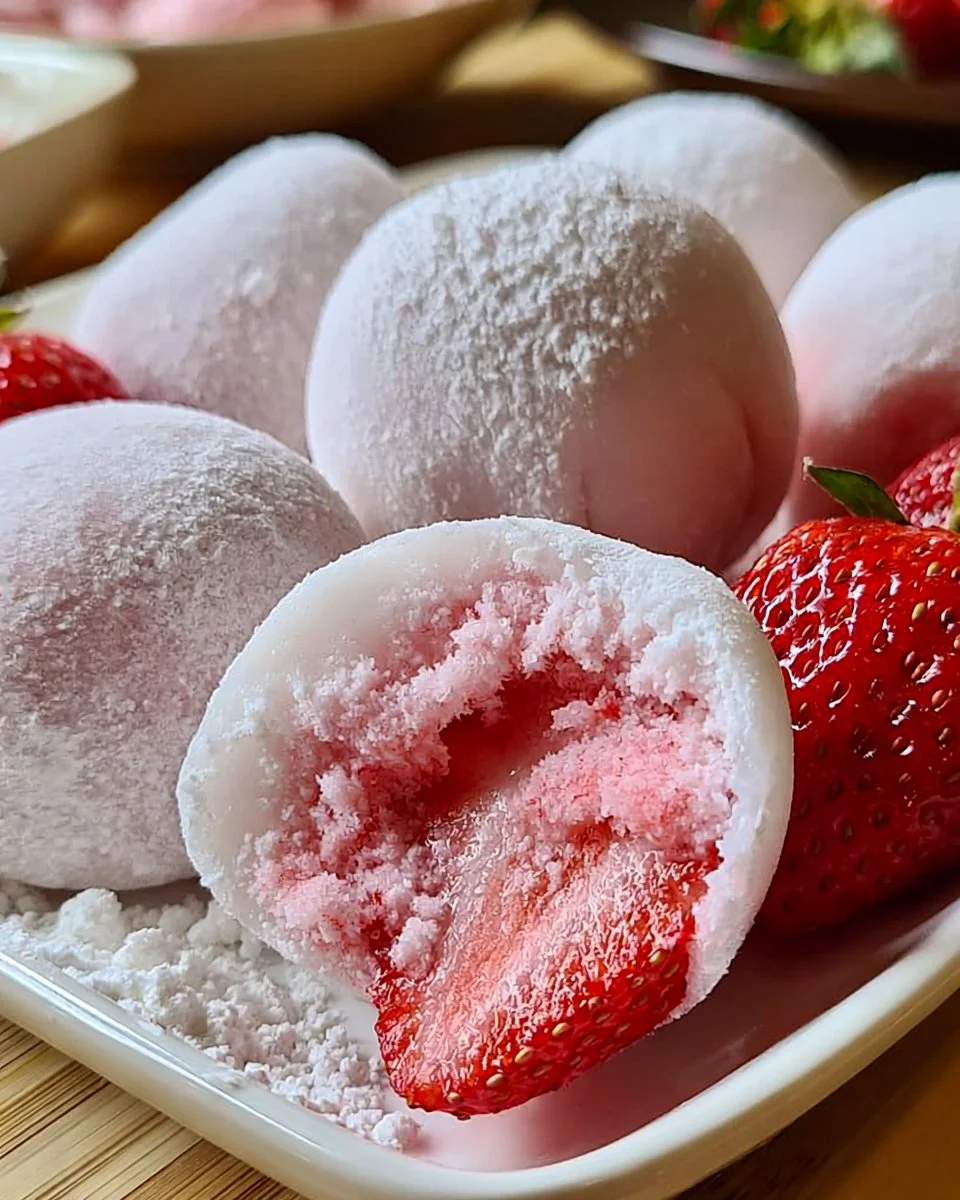 Erdbeer-Mochi-Eis in einer Schale, dekoriert mit frischen Erdbeeren