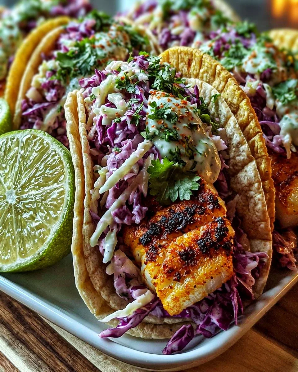 Leckere Fisch-Tacos mit frischen Zutaten und Gewürzen serviert auf einem Teller.