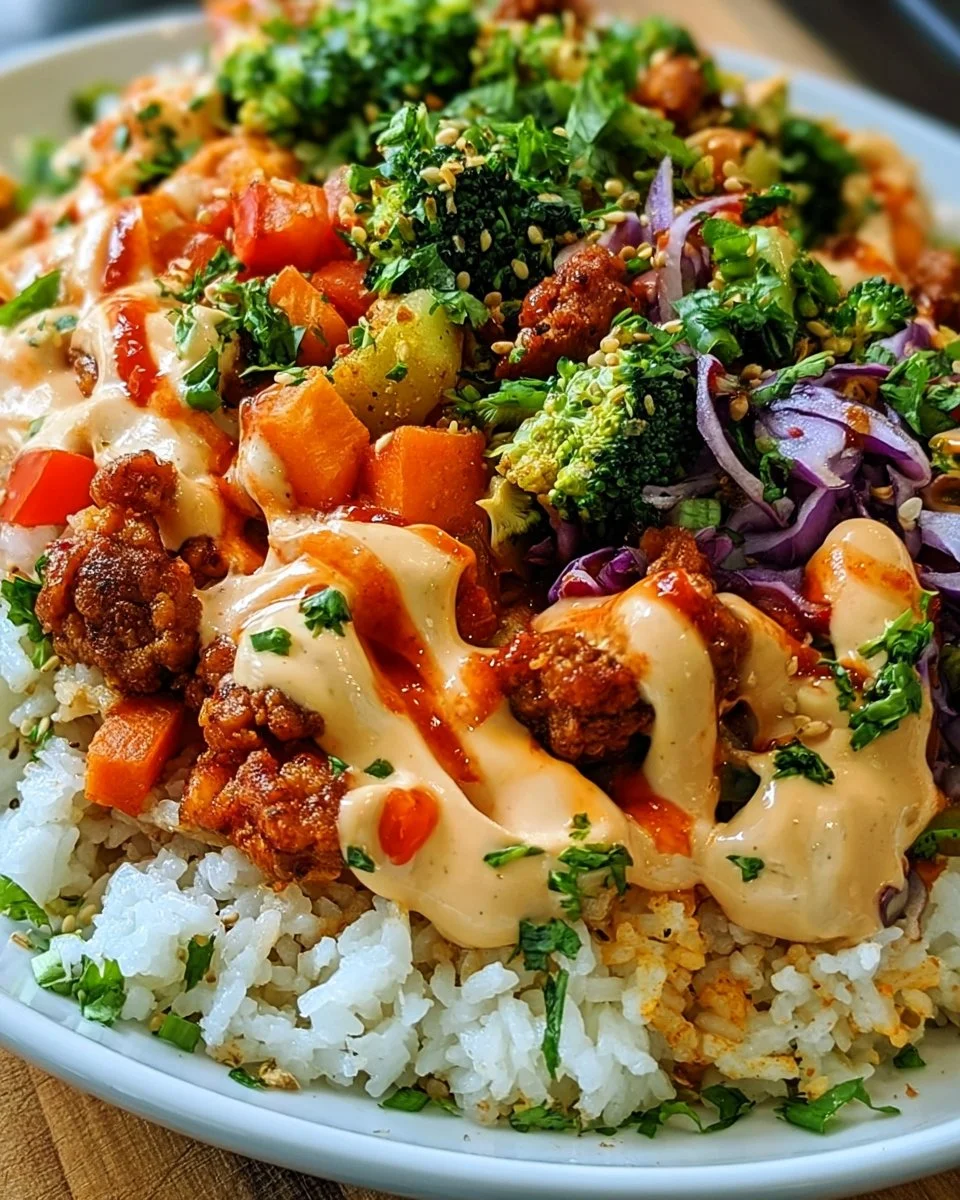 Gemüse-Reis-Bowls mit Bang-Bang-Sauce, gesundes Rezept