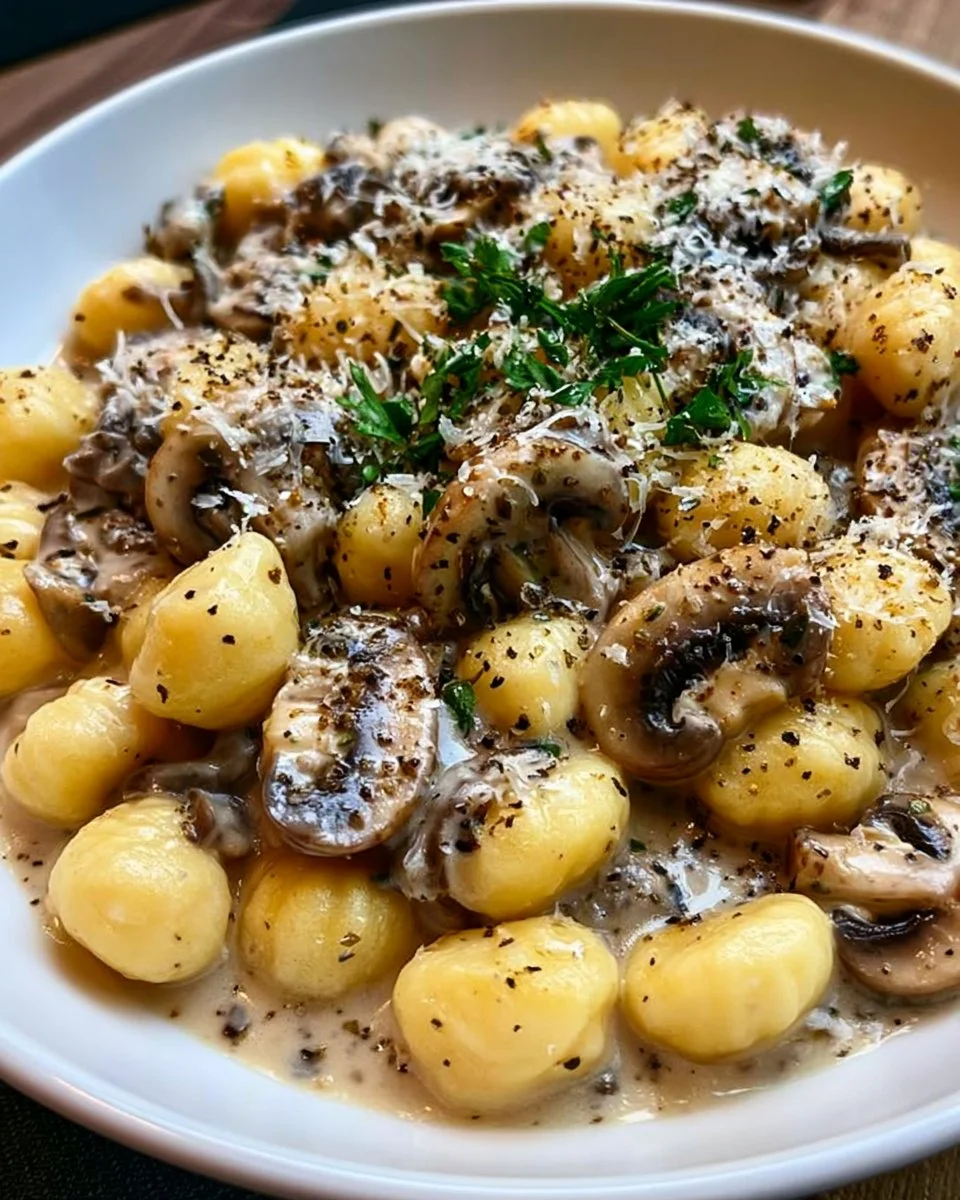 Gnocchi mit cremiger Pilzsauce auf einem Teller, verziert mit frischen Kräutern.