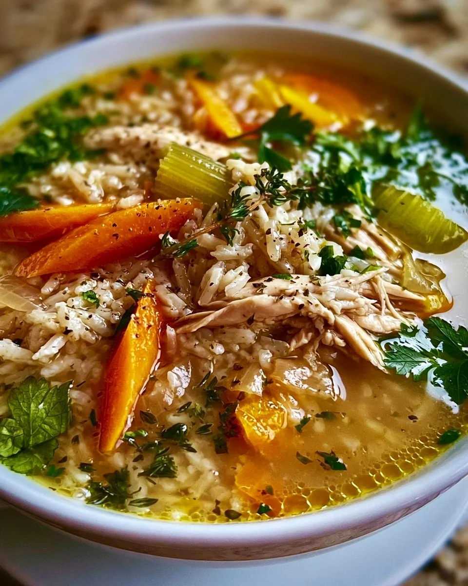 Schüssel mit Hähnchen-Reis-Suppe, frisch zubereitet und serviert.