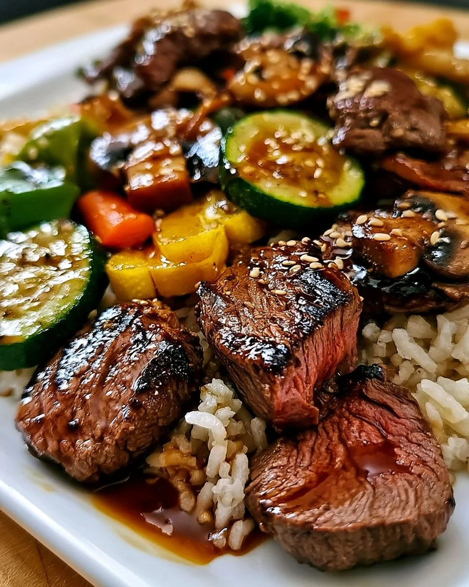 Leckeres Hibachi-Steak auf dem Grill mit frischem Gemüse und würziger Sauce.