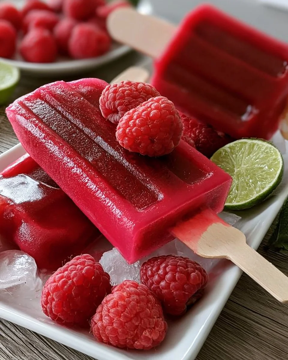 Selbstgemachtes Himbeer-Sorbet Eis am Stiel auf einem Holzstäbchen