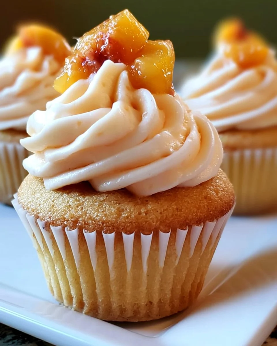 Honig-Pfirsich-Frischkäse-Cupcakes mit frischem Frischkäse und Pfirsichstückchen