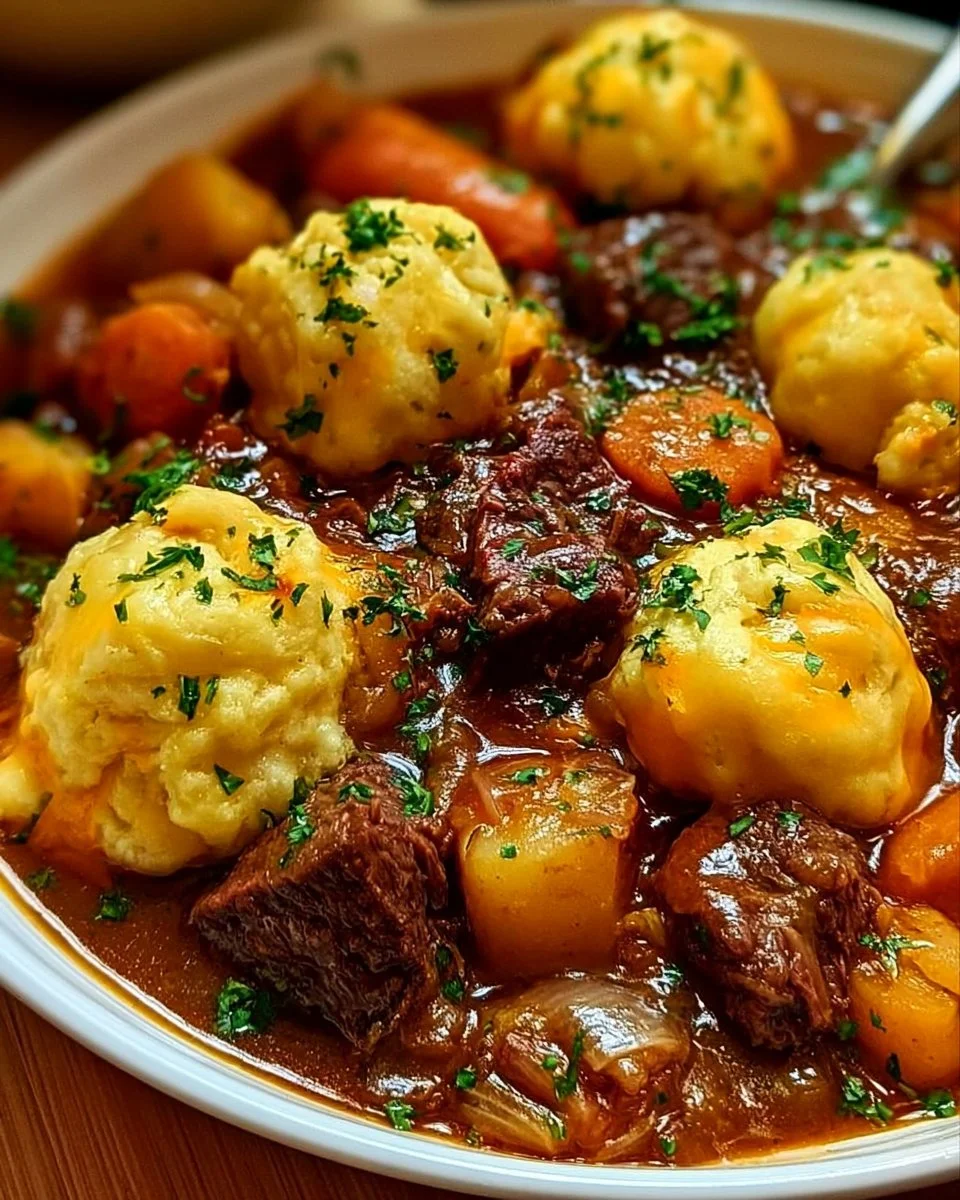 Irischer Eintopf mit Cheddar-Klößchen, serviert in einer Schüssel