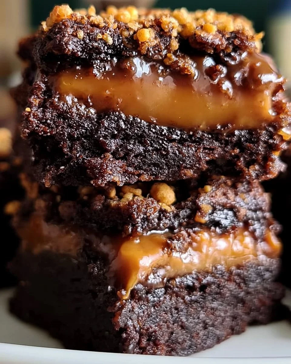 Karamell-Crunch-Brownies mit Schokoladenglasur und Karamellstückchen