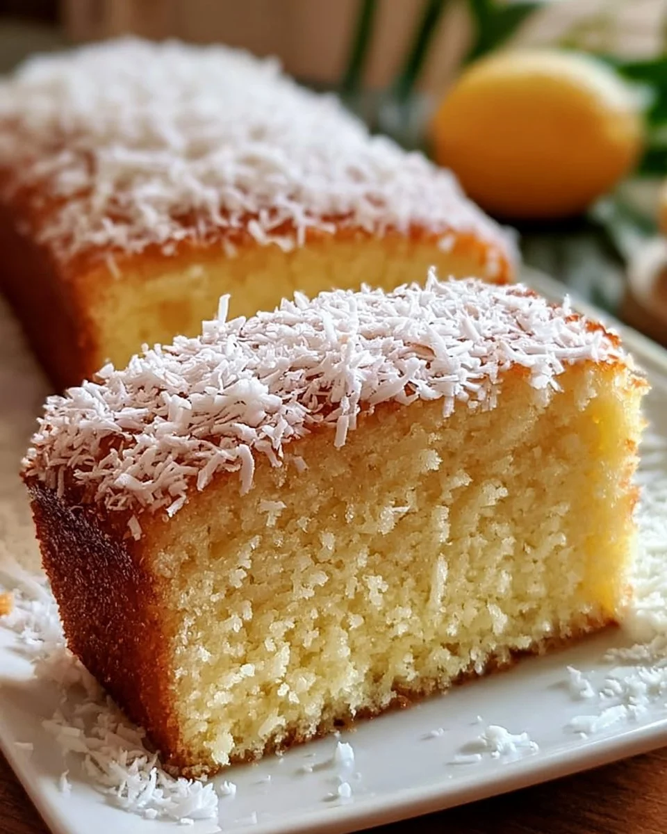 Saftiger Kokosnuss-Brotkuchen auf einem Teller, dekoriert mit Kokosraspeln.