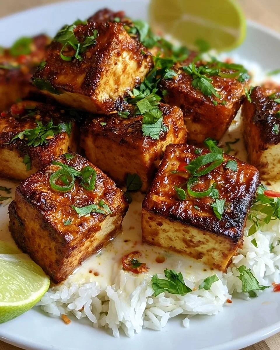 Köstlicher Kokosnuss-Limetten-Tofu auf einem Teller präsentiert
