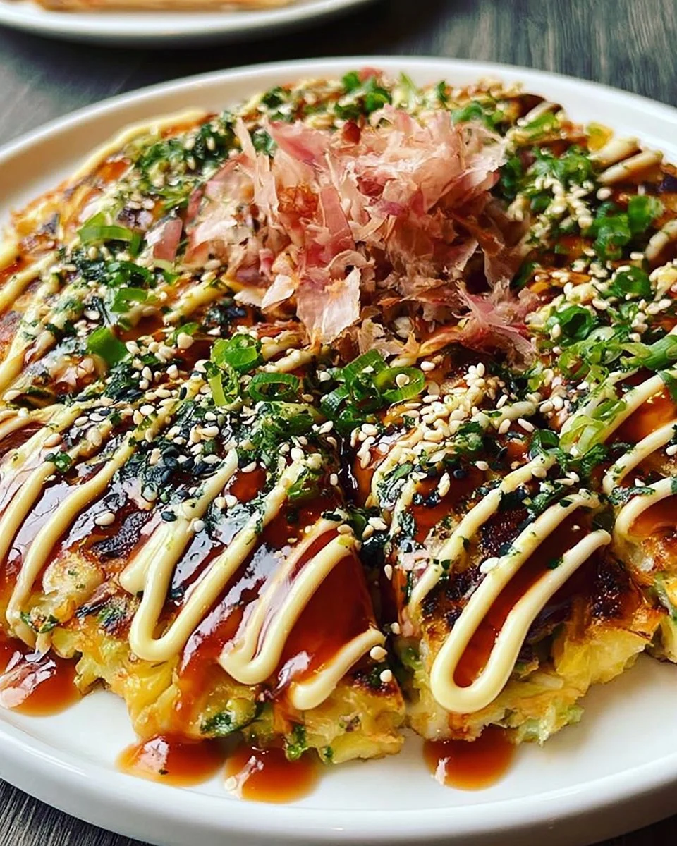 Ein leckerer Okonomiyaki-Pfannkuchen mit frischen Zutaten und Soßen.