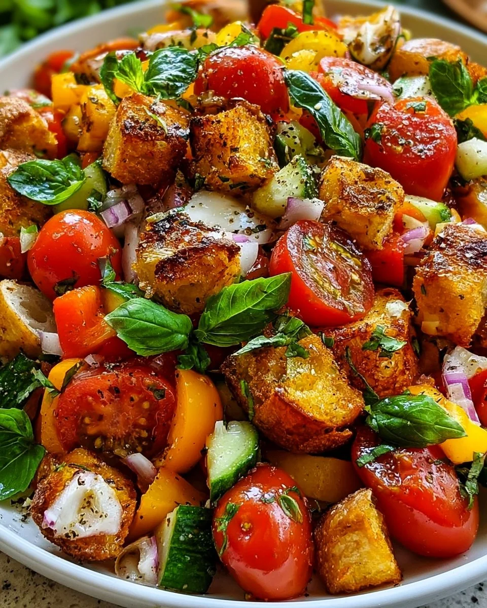 Panzanella-Salat mit frischem Gemüse und Brotstücken auf einem Teller angerichtet