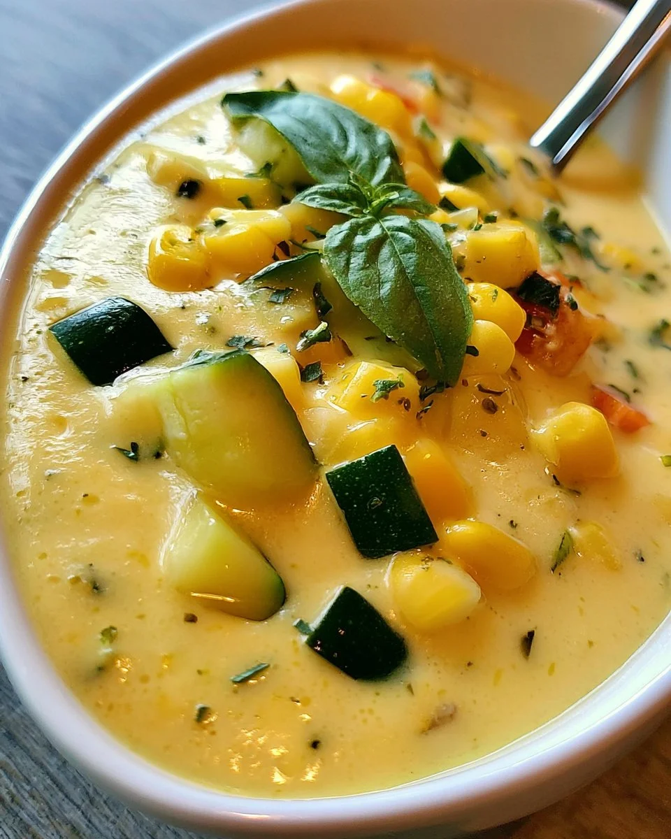 Schüssel mit Sommer-Mais- und Zucchini-Cremesuppe, frisch zubereitet.