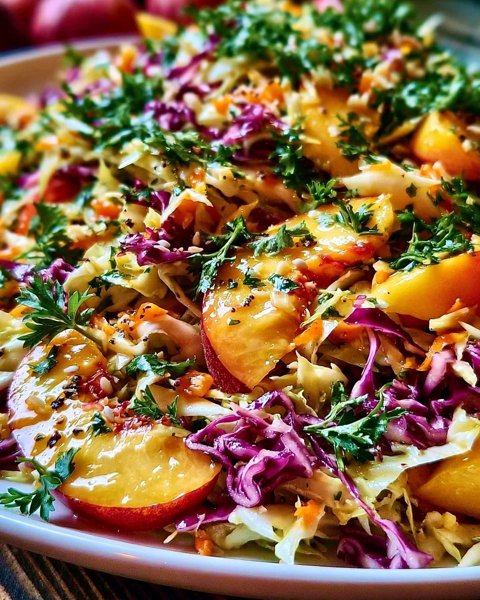 Leckerer Sommerkrautsalat mit Pfirsichen auf einem Teller