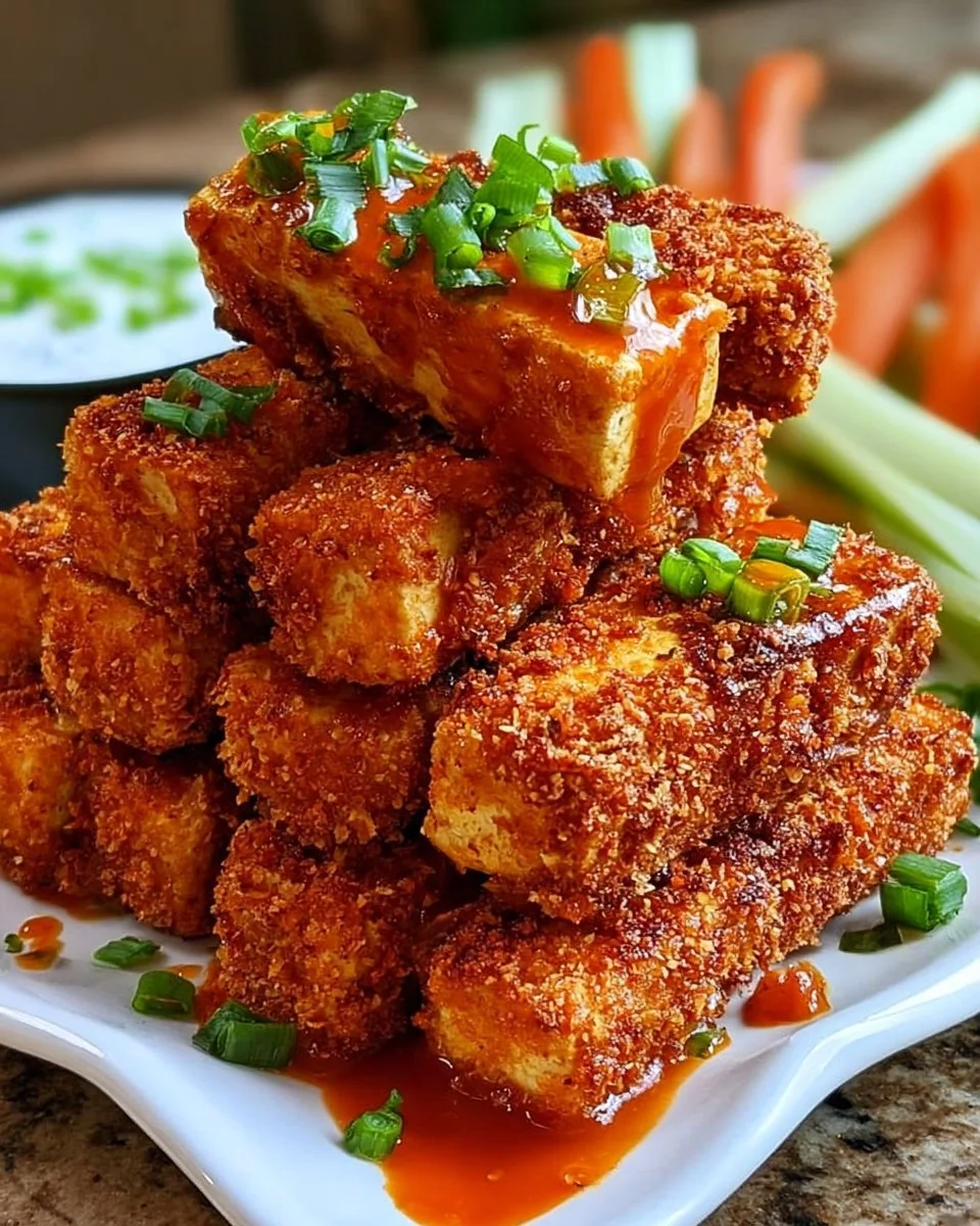 Vegane Buffalo-Tofu-Flügel auf einem Teller serviert