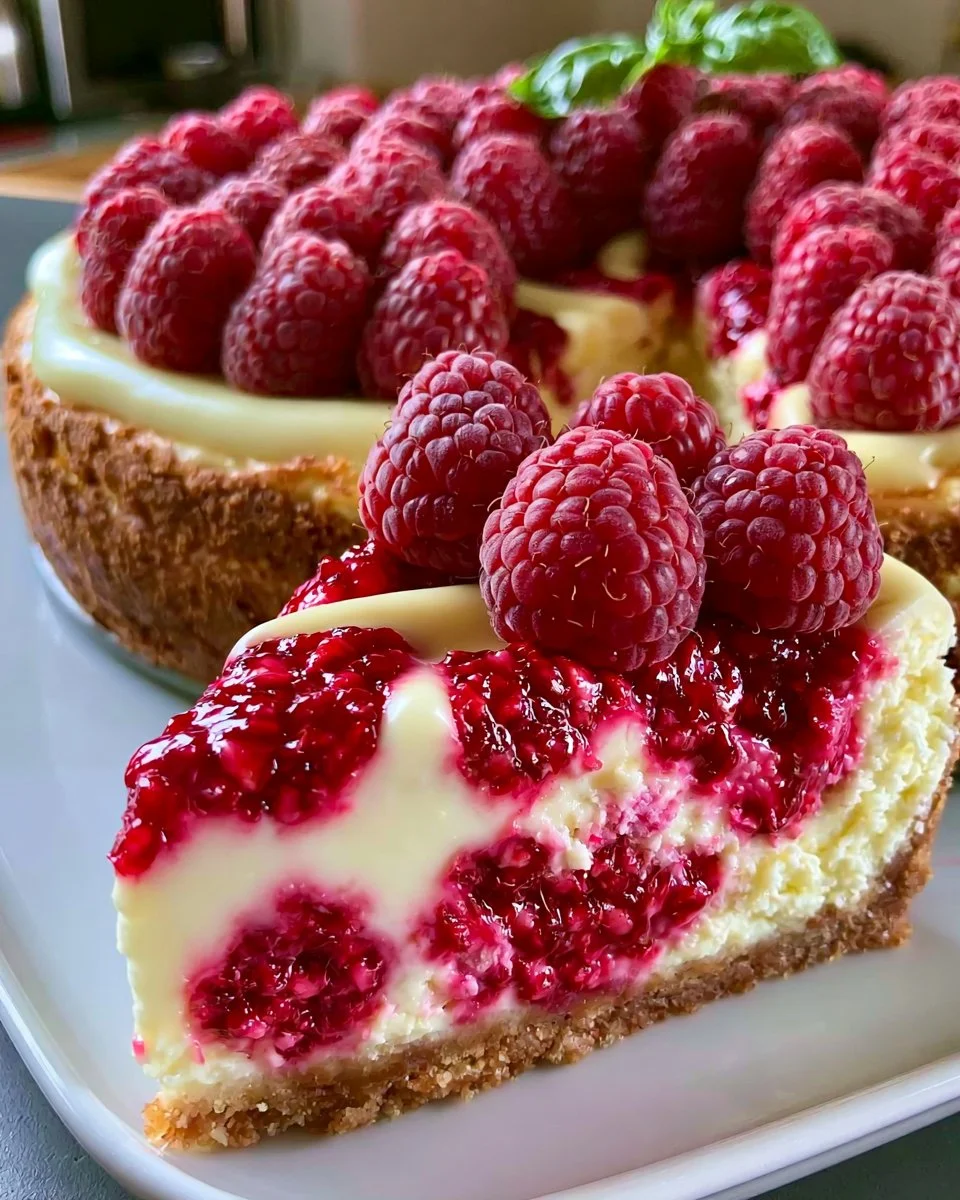 Weißer Schokoladen-Raspberry-Käsekuchen auf einem Teller serviert