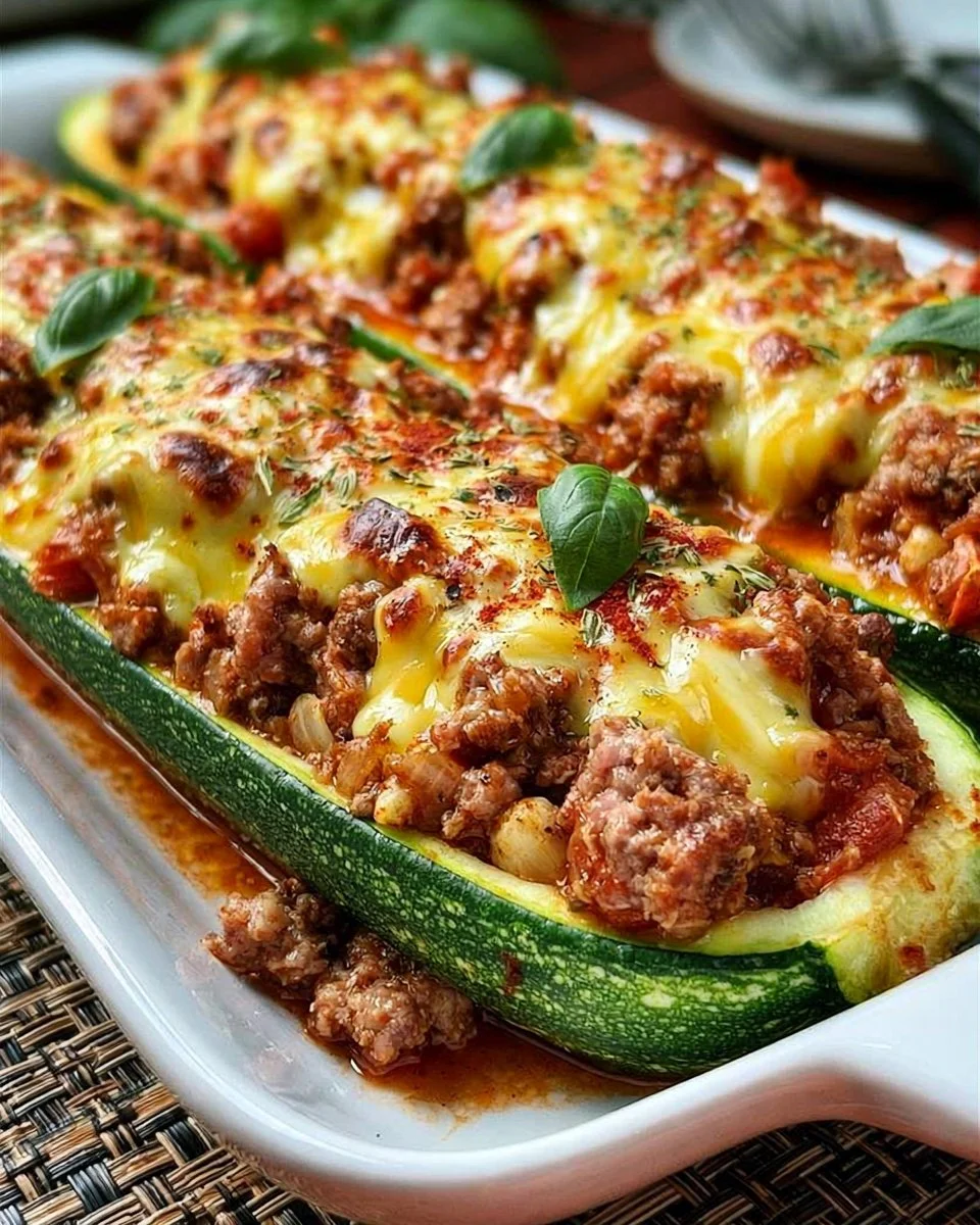 Zucchini-Boote mit Hackfleisch gefüllt und angerichtet auf einem Teller